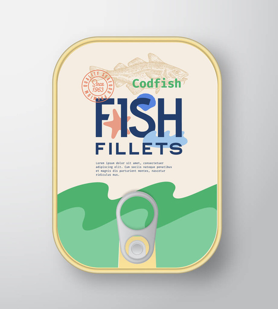 Fish Fillets Aluminium Container with Label Cover. Abstract Vector Premium Canned Packaging Design. Modern Typography and Hand Drawn Codfish Silhouette Background Layout. - Wektor, obraz