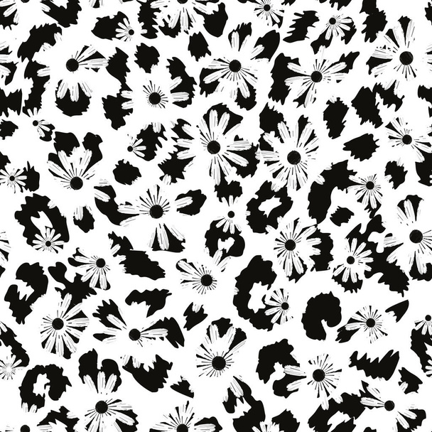 Continuous black and white animal print design combined with daisies. Pattern seamless for textile industry.  - ベクター画像