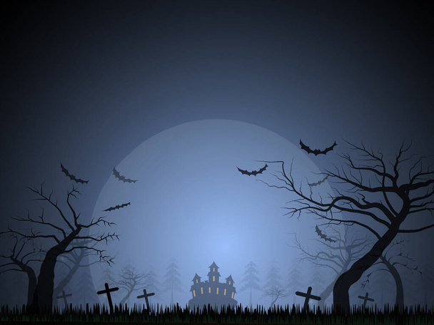 Особняк посреди кладбища и большой луны - Вектор,изображение