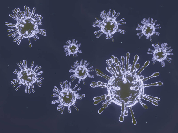 covid-19, koronaviruksen puhkeaminen, soluympäristössä kelluva virus, koronavirusten influenssatausta, virustautiepidemia, viruksen 3D-mallinnus, organismin havainnollistaminen - Valokuva, kuva