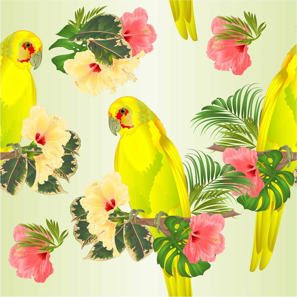 Zökkenőmentes textúra papagáj sárga madár indiai gyűrű papagáj alexander sárga ágon trópusi virágok hibiszkusz, pálma, filodendron akvarell fehér háttér vintage vektor illusztráció szerkeszthető kézi sorsolás - Vektor, kép
