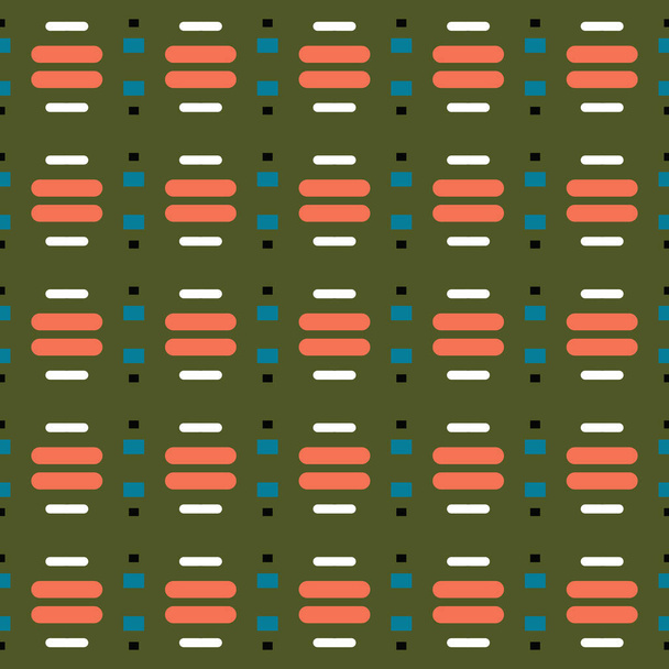 Векторная бесшовная текстура фона с геометрическими фигурами, окрашенная в зеленый, оранжевый, синий, черный и белый цвета. - Вектор,изображение