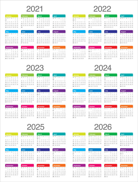 Year 2021 2022 2023 2024 2025 2026 calendar vector design template, simple and clean design - Vektor, obrázek