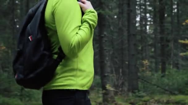 Vrouw toerist loopt door het bos - Video