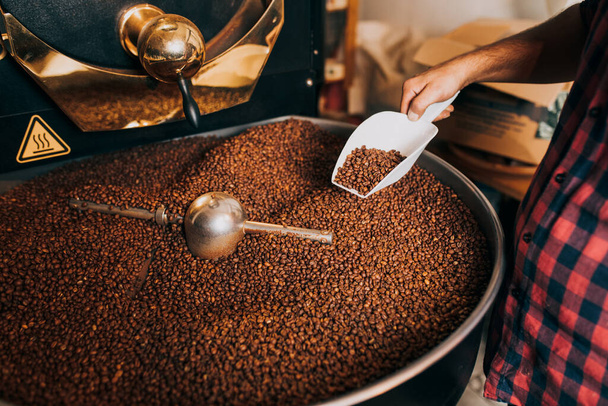 Mužské ruce drží čerstvě pražená aromatická kávová zrna nad moderním kávovarem. - Fotografie, Obrázek