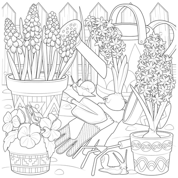 Fiori in giardino e lumache illustrazione vettoriale in bianco e nero - Vettoriali, immagini