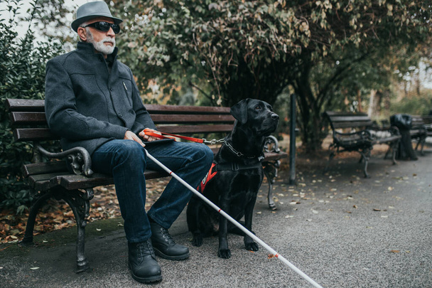 Dojrzały niewidomy mężczyzna z długą białą laską zabawia się w parku ze swoim psem przewodnikiem. - Zdjęcie, obraz