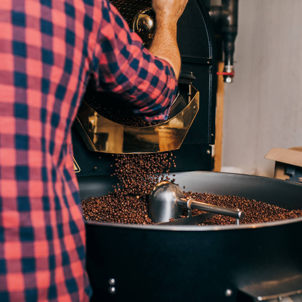 Männliche Hände halten frisch geröstete aromatische Kaffeebohnen über einer modernen Kaffeeröstmaschine. - Foto, Bild