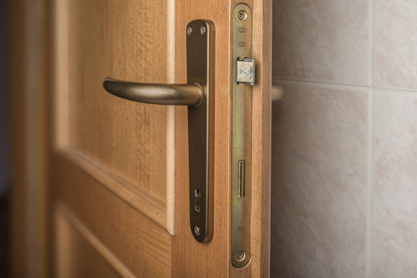 Door plate with handle on a wooden door - Photo, Image