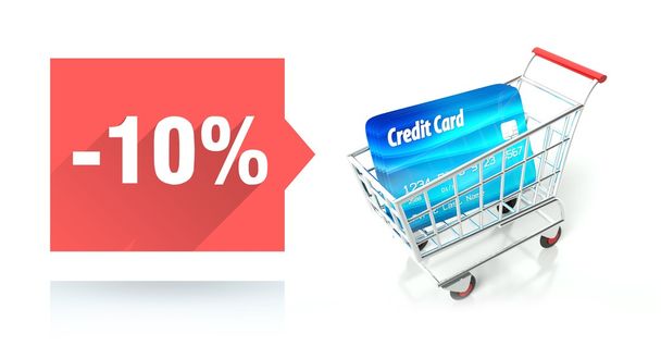 Minus 5 percent sale, credit card and shopping cart - Foto, afbeelding