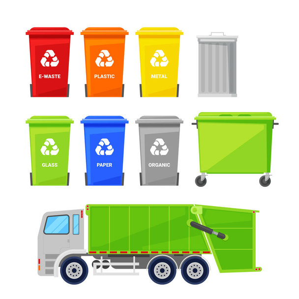 Classificação e reciclagem de resíduos. Lixo cestas multicoloridas, bin, recipiente e caminhão de lixo, conjunto de ícones planos vetoriais. - Vetor, Imagem