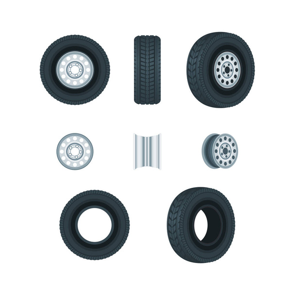 Ruedas de automóvil, neumáticos y discos, conjunto de iconos vectoriales. Elementos de diseño de servicio de coche. - Vector, imagen