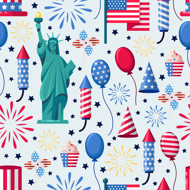 USA holiday seamless white pattern. Vector print background. American national symbols, celebration Independence Day. - Vetor, Imagem