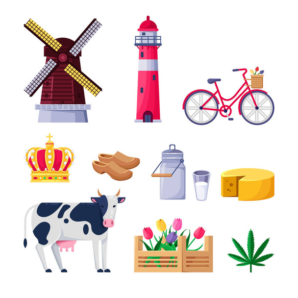 Utazás Hollandia vektor ikonok és tervezési elemek. Hollandia nemzeti szimbólumai és nevezetességei. Rajzfilm stílusú illusztráció. - Vektor, kép