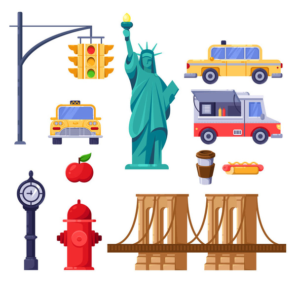 New Yorkin symbolit valmiina. Vektori matkustaa eristetty kuva. Keltainen taksi, Vapaudenpatsas, Brooklyn Bridge, katu pikaruoka kuorma kuvakkeet. - Vektori, kuva