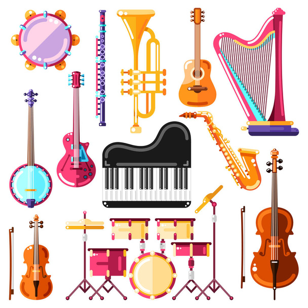 Vektorová ilustrace hudebních nástrojů. Barevné izolované ikony a designové prvky. - Vektor, obrázek