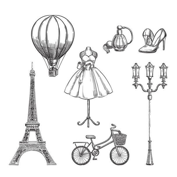 Travel to France hand drawn isolated design elements. Paris sketch vector illustration. - Vektori, kuva