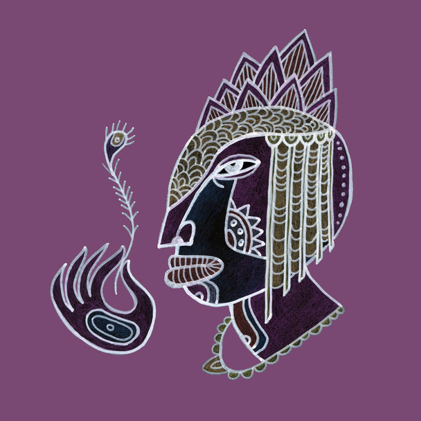 Dibujo decorativo de una mujer africana sosteniendo plumas, usando joyas para la cabeza. Ilustración moderna. - Foto, imagen