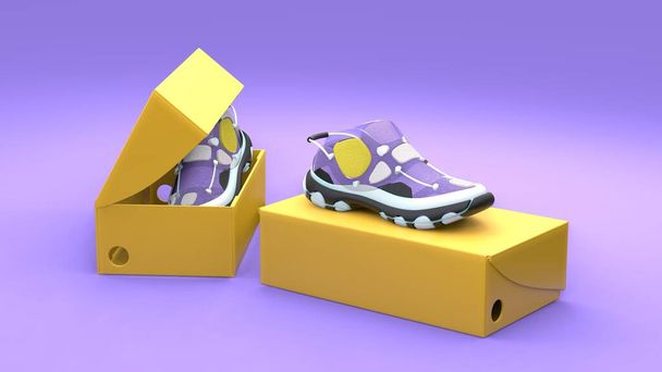 Footwear concept with box package on violet background. Modern design. 3d illustration. - Photo, Image