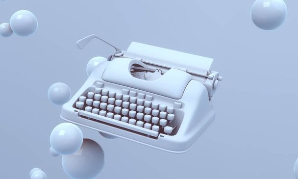 Typewriter flying in the air on blue background with floating spheres. Modern cover design. 3d illustration. - Photo, Image