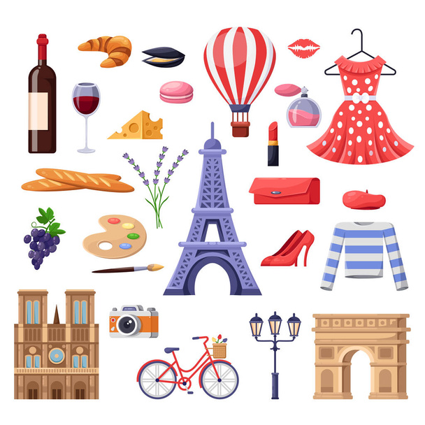 Travel to France design elements. Paris tourist landmarks, fashion and food illustration. Vector cartoon isolated icons set. - Vector, Image