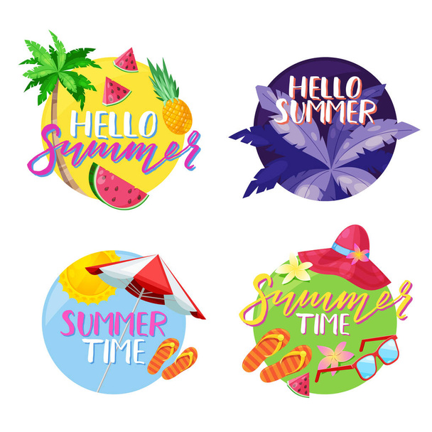 Summer labels, stickers or tags. Hello summer vector circle emblem set. Holiday, travel, beach vacation design elements. - Vetor, Imagem