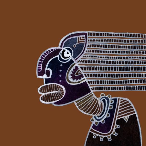 Dessin de femme africaine tribale. Tresses à cheveux flottant dans le vent. Illustration de caractère décoratif. - Photo, image