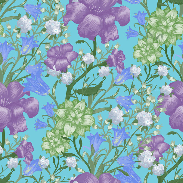 Floral Wallpaper with Big Flowers. Seamless Pattern with Fuchsia, Bluebell and May-lily for Wallpaper Blouse Swimwear. Colorful Rapport. Retro Pattern. Vector Seamless Flowers. - Вектор, зображення