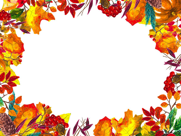 Autumn leaves border. Watercolor hand drawn frame - Foto, imagen