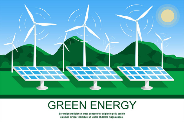 Vihreä energia. Aurinkopaneelit ja tuulimyllyt luonnonmaiseman taustalla. Vaihtoehtoinen uusiutuvan energian käsite. Vektori kuva, tasainen tyyli - Vektori, kuva