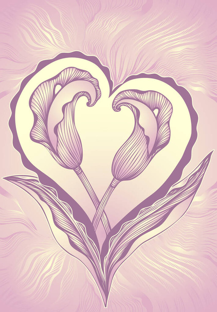 Two abstract flowers callas in form of heart  pink lilac in line art Zen tangle or Zen doodle style for invitation or  congratulation  wedding or  for creative Post Card with Love - Vektor, Bild