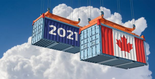 Trading 2021. Freight container with Canada flag. 3D Rendering  - Foto, immagini