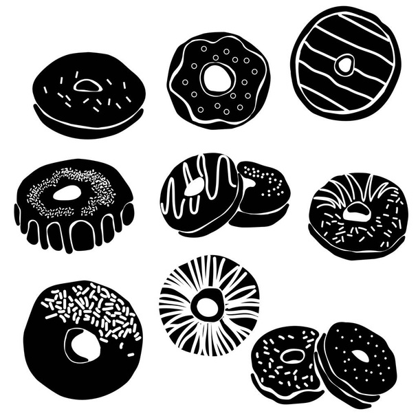 Set di sagome di ciambelle con spruzzi, glassa e cioccolato, icone o logo per un negozio di panetteria di colore nero in stile piatto, illustrazione vettoriale per design e creatività - Vettoriali, immagini