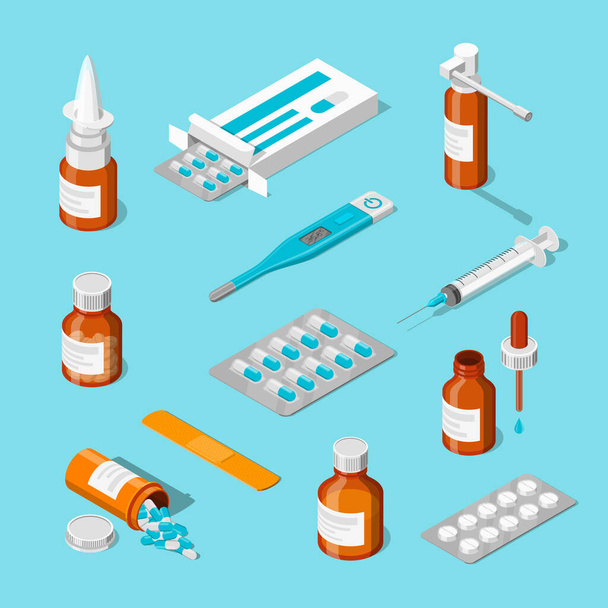 Farmácia, medicina e saúde vetor 3d ícones isométricos conjunto. Comprimidos, drogas, garrafas ilustração plana. - Vetor, Imagem