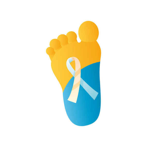 world down syndrome day, foot half blue and yellow with ribbon - Vector, Image