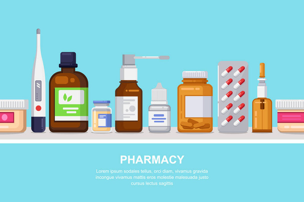 Pharmacy, medicine and healthcare vector horizontal seamless background. White shelf with pills, drugs, bottles, flat illustration. Drugstore concept. - Вектор,изображение