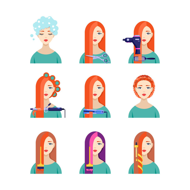 Female hair salon services, vector flat illustration. Beautiful woman in hairdressing. Beauty stylist concept. - Vector, Image