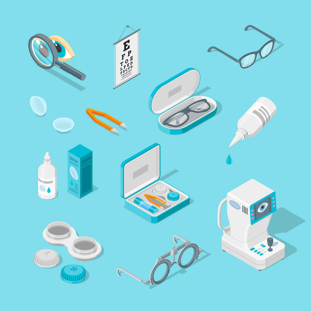 Eye care and health, vector 3d isometric icons set. Contact lenses, glasses, ophthalmology medical equipment flat illustration. - Vektor, Bild