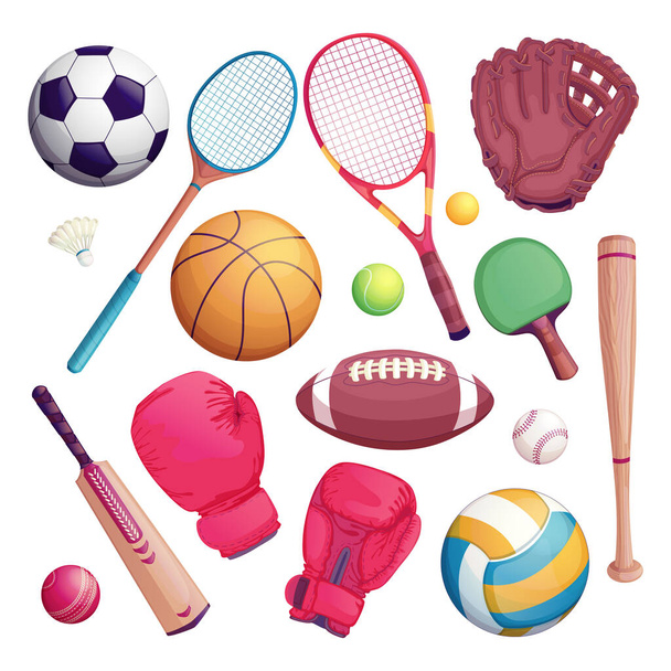 Спортивне обладнання ізолює об'єкти. Векторна мультиплікаційна ілюстрація футболу, футболу, тенісу, крикету, бейсбольних ігор
. - Вектор, зображення