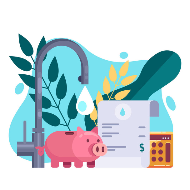 Utility bills and saving resources concept. Vector flat illustration. Water invoice payment. - Vector, Image