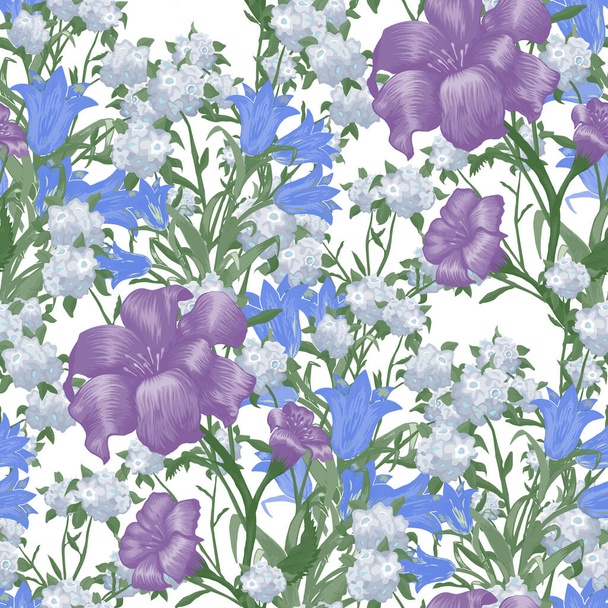 Floral Wallpaper with Big Flowers. Seamless Pattern with Fuchsia, Bluebell and May-lily for Swimwear Textile Curtains. Modern Pattern. Colorful Rapport. Vector Seamless Flowers. - Vector, Imagen