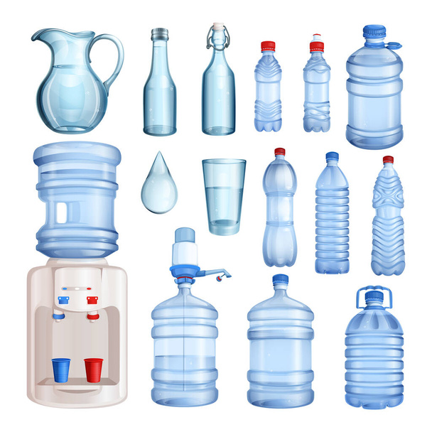 Acqua in bottiglie di plastica e vetro. Set di oggetti isolati vettoriali. Illustrazione acqua minerale pura. - Vettoriali, immagini