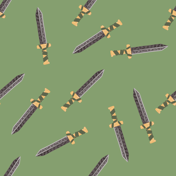 Käsin piirretty saumaton doodle kuvio miekka yksinkertainen siluetteja. Vihreä oliivi tausta. Muinainen taistelutausta. Täydellinen kangas suunnittelu, tekstiili tulostaa, kääre, kansi. Vektoriesimerkki. - Vektori, kuva