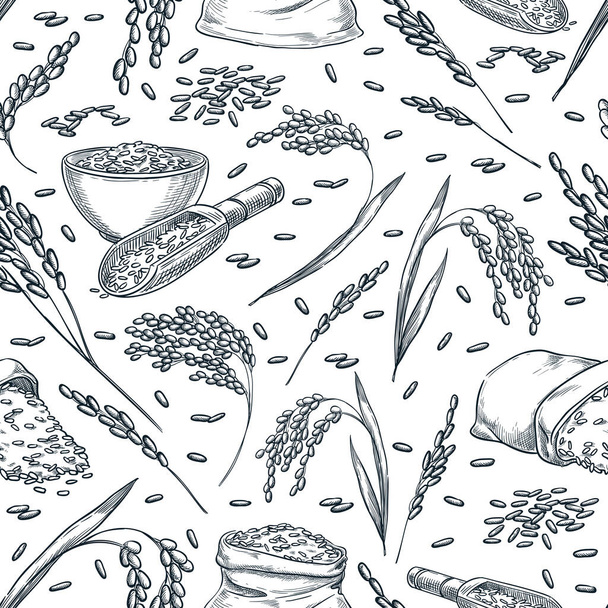 Rice cereal ears, vector seamless pattern. Sketch hand drawn illustration. Asian food package background. - Vetor, Imagem