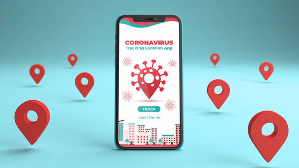 Teléfono maqueta con una aplicación de localización de seguimiento coronavirus y algunos pines de ubicación alrededor. Renderizado 3D - Foto, Imagen