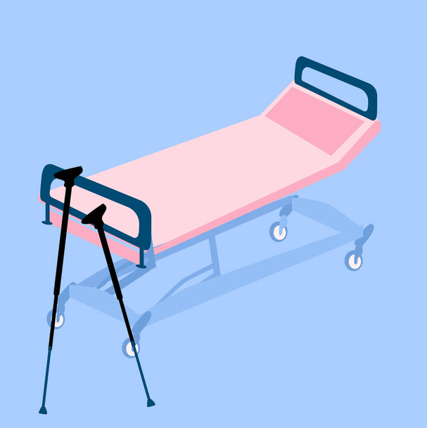 Лікарняне ліжко або медичний диван-вектор ілюстрації. милиці знаходяться в аварійній кімнаті. Убивці, переломи кісток, лагідність і ортопедична концепція проблем. Обладнання в клініці для реабілітації та відновлення. Міжнародний день інвалідів - Вектор, зображення