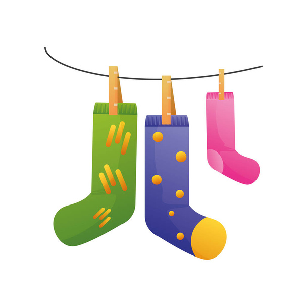 world down syndrome day, hanging socks in rope with vibrants color - Vector, Image