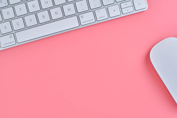 A top view of a keyboard and a mouse on a pink background with copy space - Foto, afbeelding