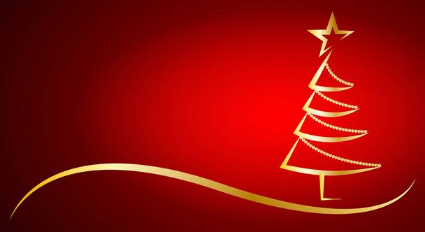 Carte postale de Noël rouge avec arbre de Noël moderne doré. - Vecteur, image
