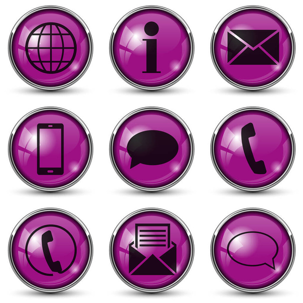purple contact icons button with chrome frame - Vektor, kép